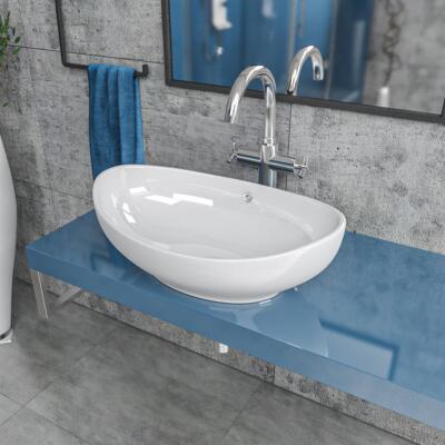 Design Keramik Waschbecken Waschschale Aufatzwaschbecken rund weiß 58cm KBW247