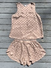 Lunya Washable 100 Silk Shorts Tank PJ Set Otium Tan Pink Checkered Jacquard M