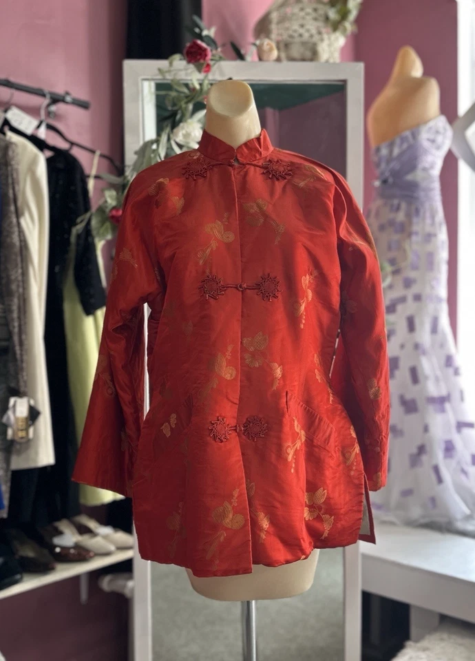 Antigua Chaqueta Asiática China Seda Años 20 30 Roja Oriental Jacquard Art Deco M Foto 2 de 4
