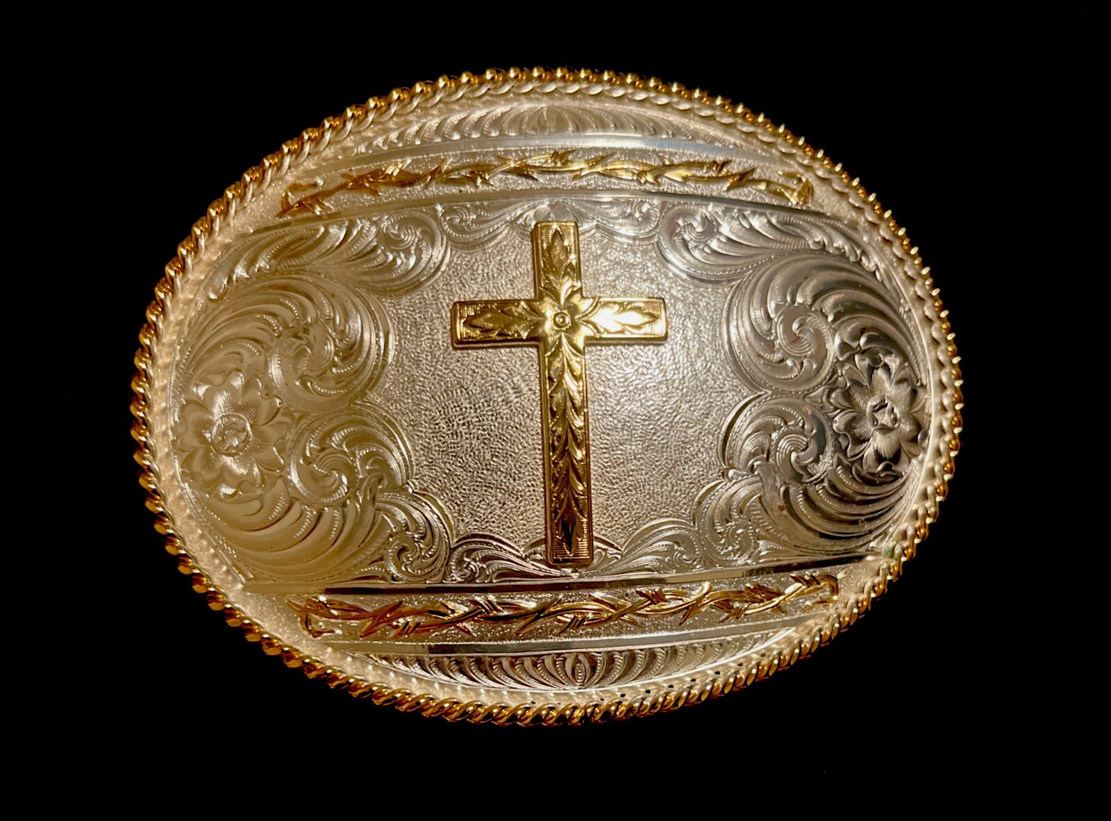 Vintage Montana Silversmiths Belt Buckle Cross Floral Embossed Cowboy Two Tone