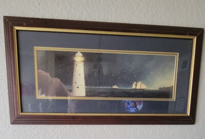 Pair Lighthouse Prints Wall Art Martin Wiscombe 12.5x24.5 Brown Frame Distressed