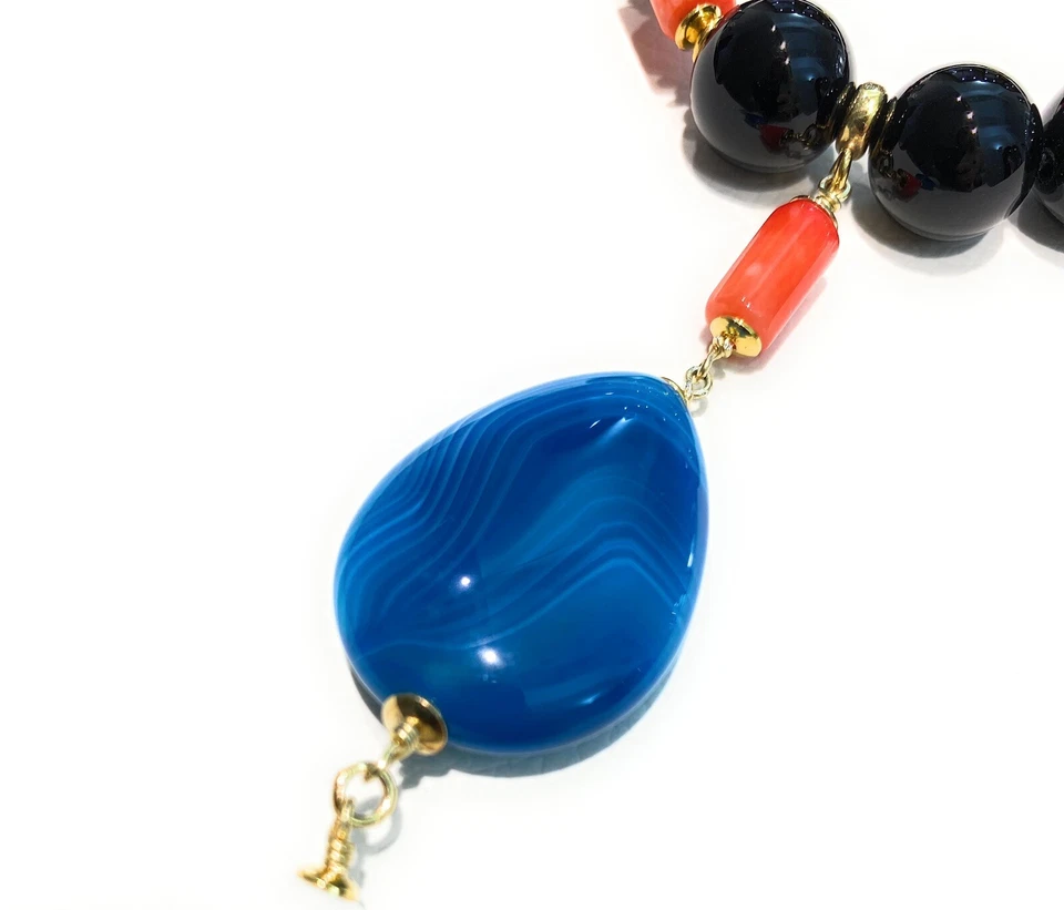 Collana Choker Onice liscio Pendente Agata Goccia Blu Corallo bamboo Arancio - Immagine 3 di 4