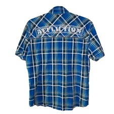 Affliction Black Premium Button Up Shirt Mens XL Blue Plaid Short Sleeve Moto