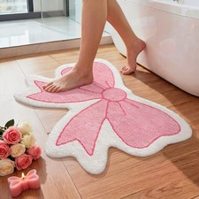 Pink Bow Non Slip Soft Plush Flocked Coquette Bath Rug Mat 21x28 In Beige