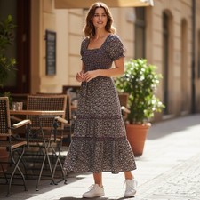 CAARA Smocked tiered Midi dress puff sleeves Ditsy floral Sz M Romantic chic