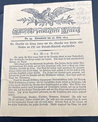 1813 Friedrich Wilhelm III Silesian Newspaper Schlesische privilegirte Prussian