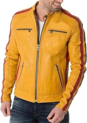 Mens Biker Vintage Retro Cafe Racer Slim Fit Strip Real Caramel Leather Jacket