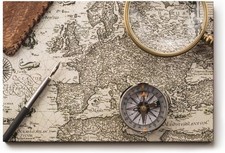 Sinus Art Wandbild Historische Weltkarte mit Lupe und Kompass – Symbol für