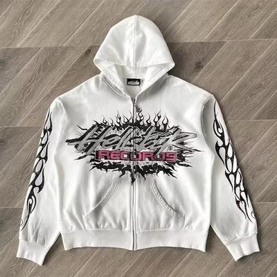 Hellstar White Fleece Full Zip Hoodie Graphic Print Hooded Pockets