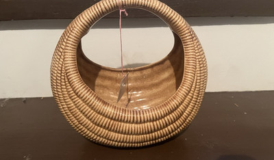 Ceramic Terra Cota Woven Rattan Gondola Shaped Style Basket Planter Vintage