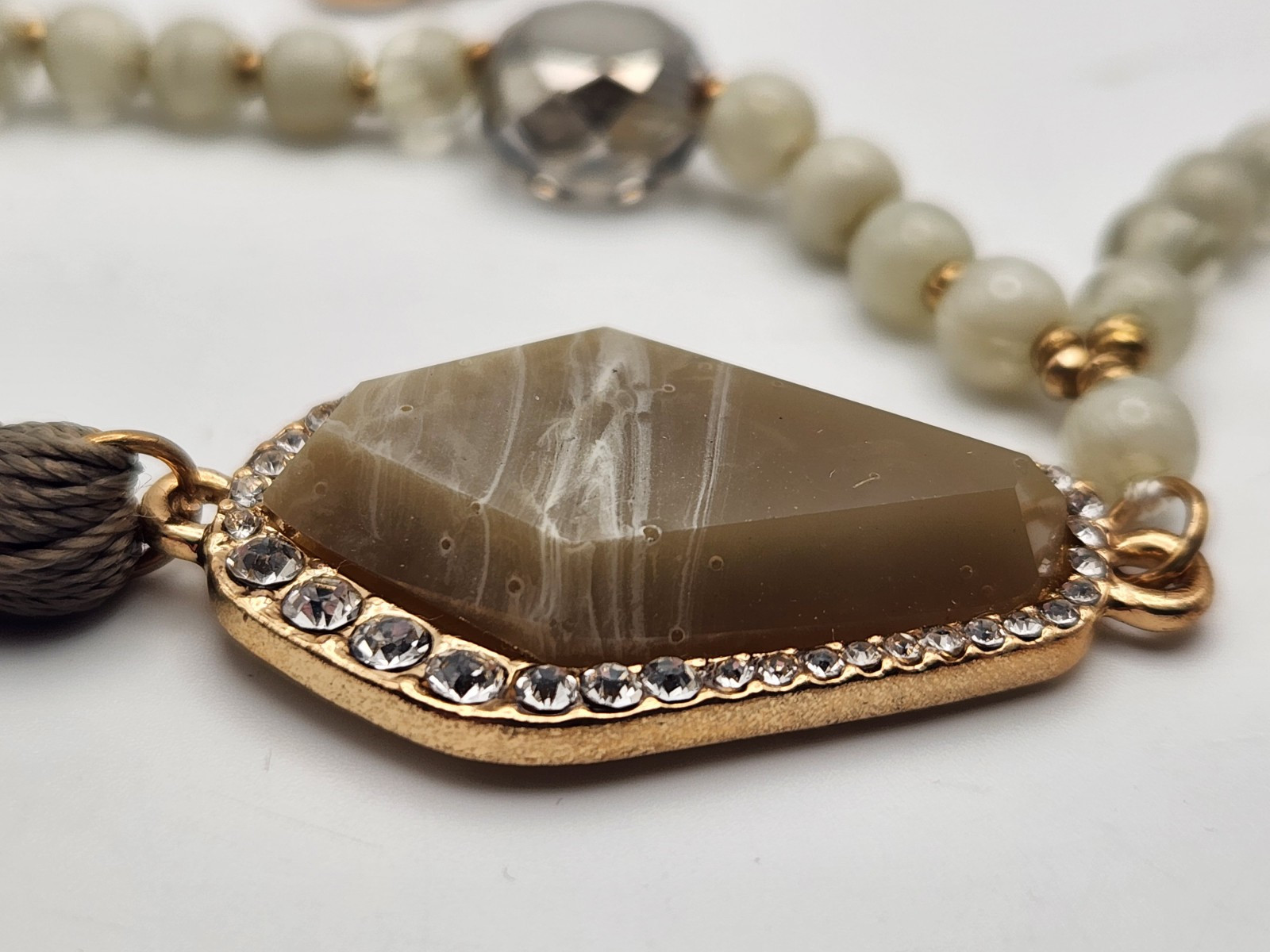 Signed C1946 Agate Stone Bead And Rhinestone Frin… - image 6