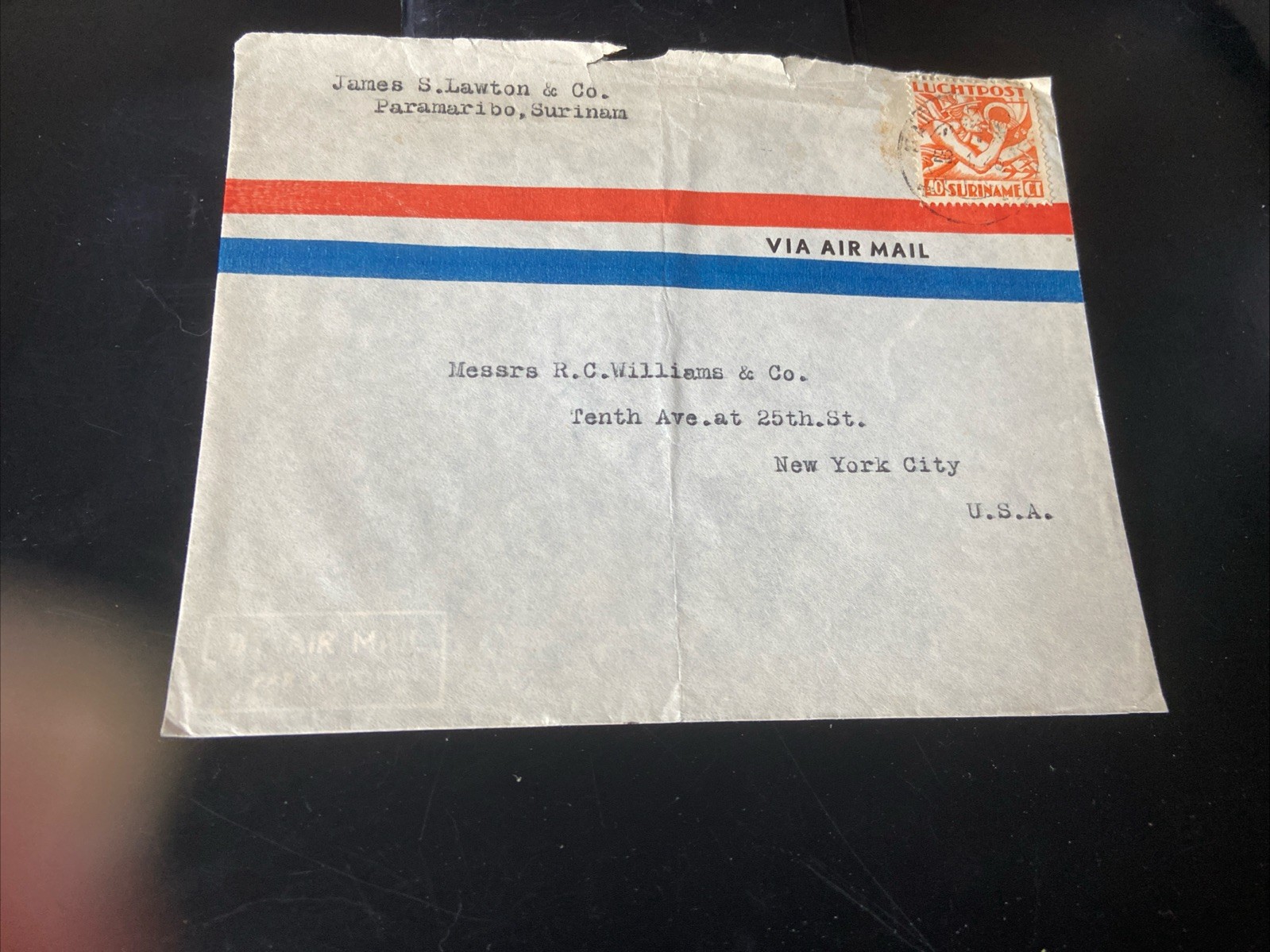 Suriname; 1/20/1940; Paramaribo to H.C. Williams, NYC VF