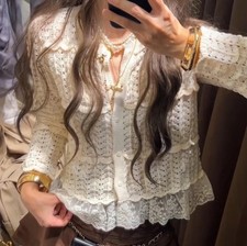 ZARA CHENILLE POINTELLE OPEN KNIT CROCHET EMBROIDERED SCALLOP LACE HEM CARDIGAN