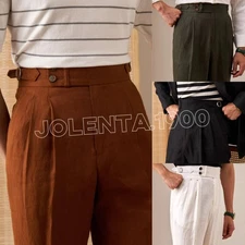 Adjustable Waist Men's Pants Summer Linen Beach Casual Pleated Cuffed Trousers