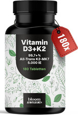 Vitamin D3 K2 5000 IE Hochdosiert – 180 Tabletten – 99,7+% All-Trans K2-MK7