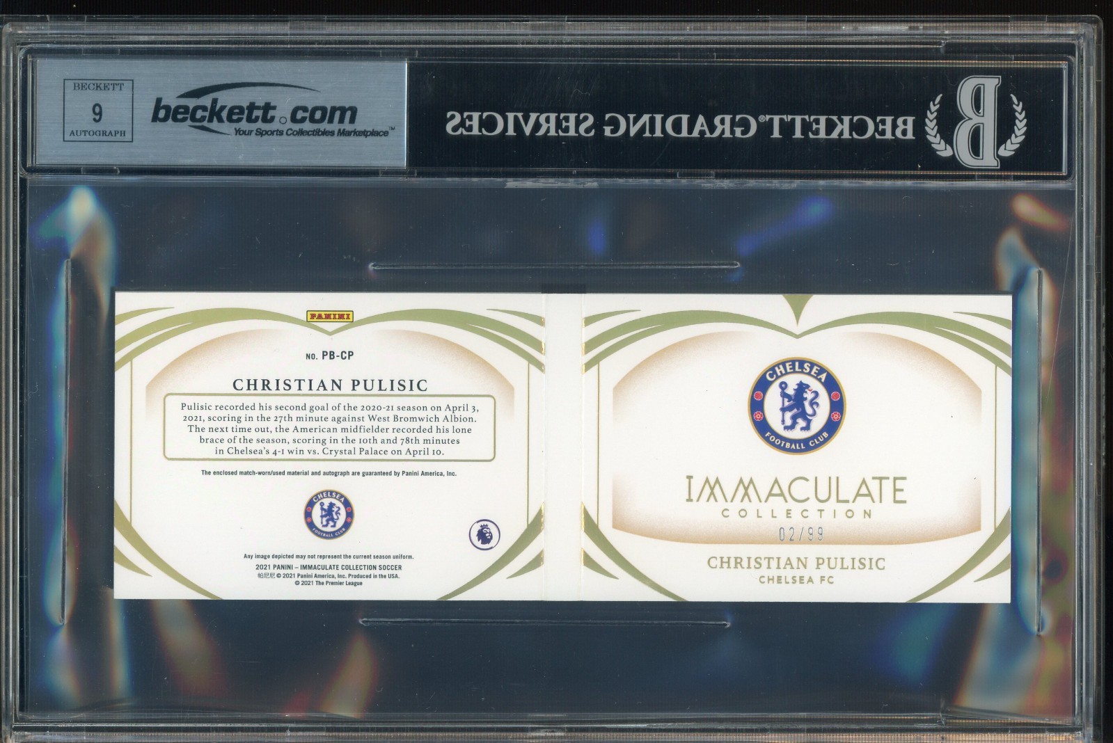 2021 Immaculate Soccer Christian Pulisic Match-Worn Patch /99 BGS 8.5 w/ 9 AUTO view 2