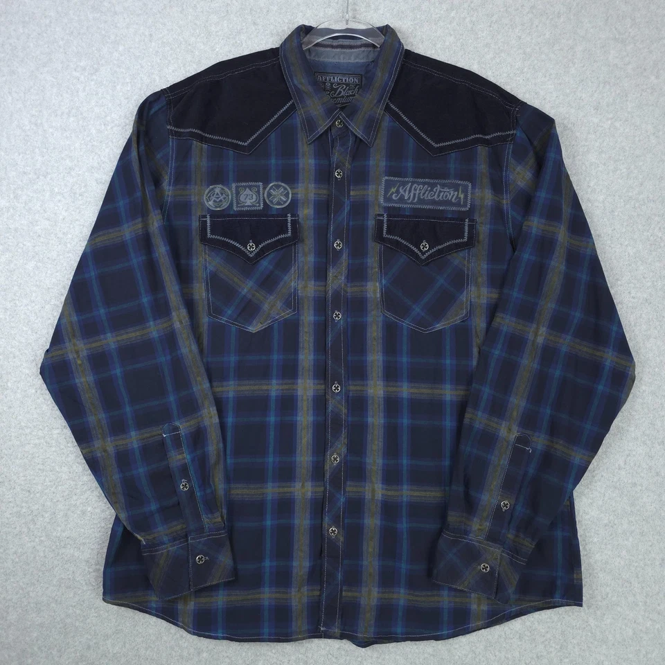 Camisa Affliction Para Hombres 2XL XXL Azul Western Cuadros Bordada Calavera Calce Atlético Foto 2 de 4