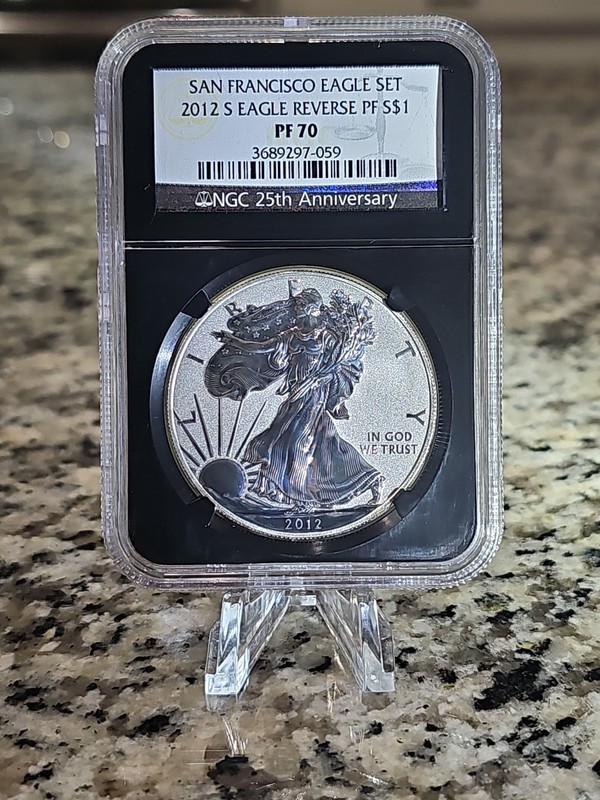 Reverse Proof 2012 S $1 Silver Eagle NGC PF70 NGC Blue Label Black Core Spotless