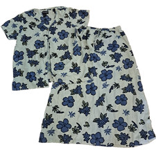 Vintage Zoey Beth Top  Skirt Set Linen Blend Blue Hawaiian Floral READ L