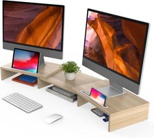 Dual Monitor Stand with 2 Extra Phone Holder, Wood PC Laptop Computer Stands Ri