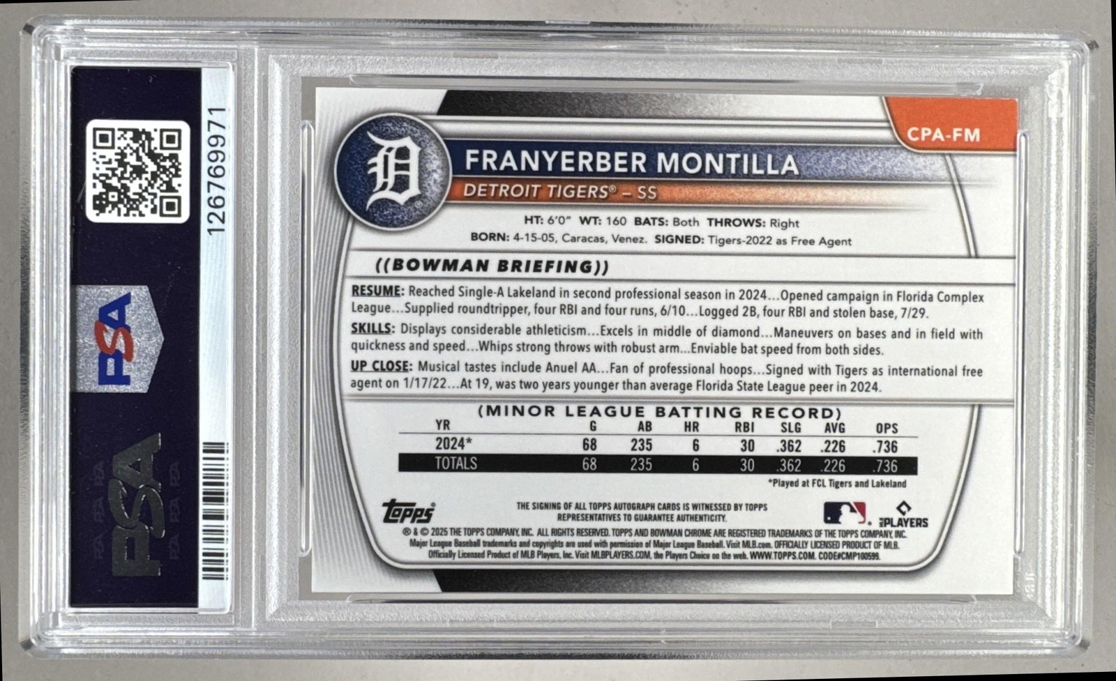 Franyerber Montilla 2025 Bowman Chrome Orange Refractor 1st RC Auto 1/25 PSA 9 view 2