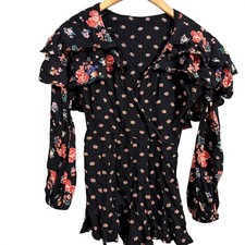 ASOS Floral Print Ruffle V Neck Long Sleeve Black Mini Dress Women US 4