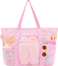 Mesh Beach Bag with Zipper Large Beach Tote Waterproof Sandproof with 8 Pockets