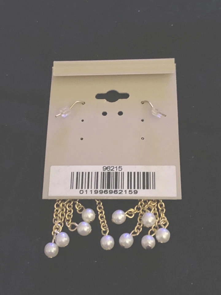 Faux Pearl Dangle Earrings Gold Tone Chain 1928 Company Pierced Style - Image 3 of 4