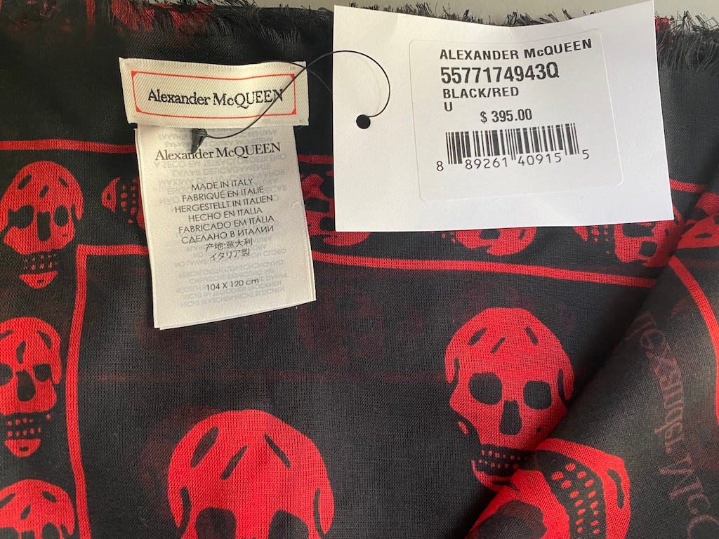 NWT Authentic Alexander McQueen Skull Scarf, Color Black/Red MSRP