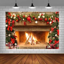 Christmas Fireplace Backdrop Winter Xmas Tree Colorful Festive Decorations Br...