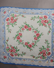 Vintage Hankie Ladies Handkerchief White Pink Flowers Blue Accents