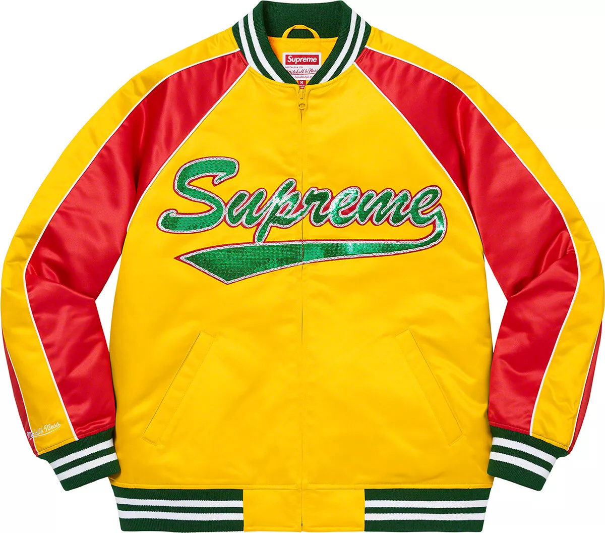 Supreme®/Mitchell & Ness® Sequin Logo Varsity Jacket LARGE GOLD/RED IN HAND  WOW