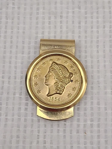 Vintage Money Clip With 1854 Liberty Head Replica Coin Kellogg & CO Made In USA