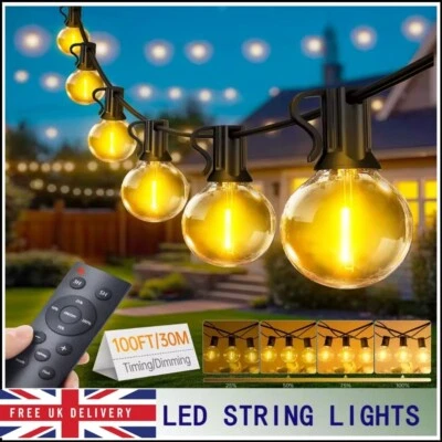 Garden Lights Mains 100FT/30M G40 Festoon Lights Remote Dimmable UK Plug 240v