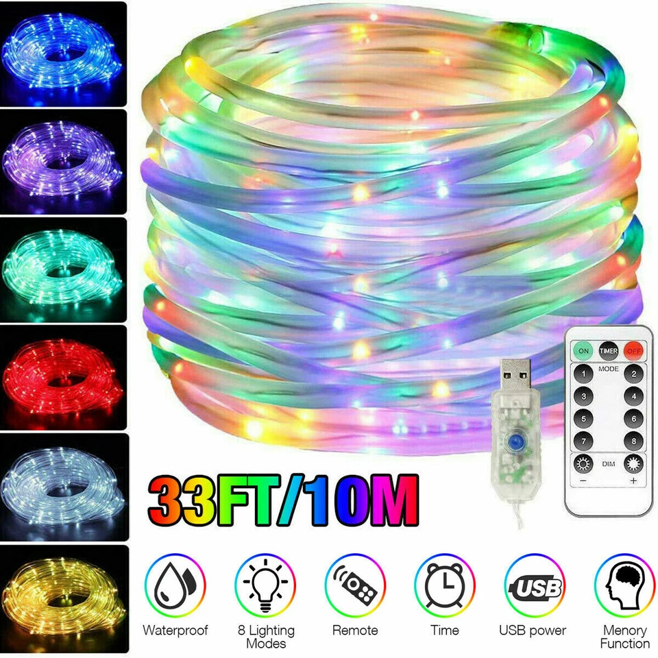 100 LED 33ft Strip Rope Light Tube String Outdoor Garden Party Decoration Lights - Image 2 of 4