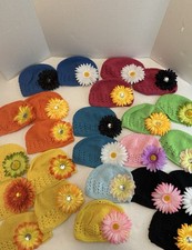 Crochet Hats with Removable Flower Girls/Baby Beanie Pink Black Blue Yellow New