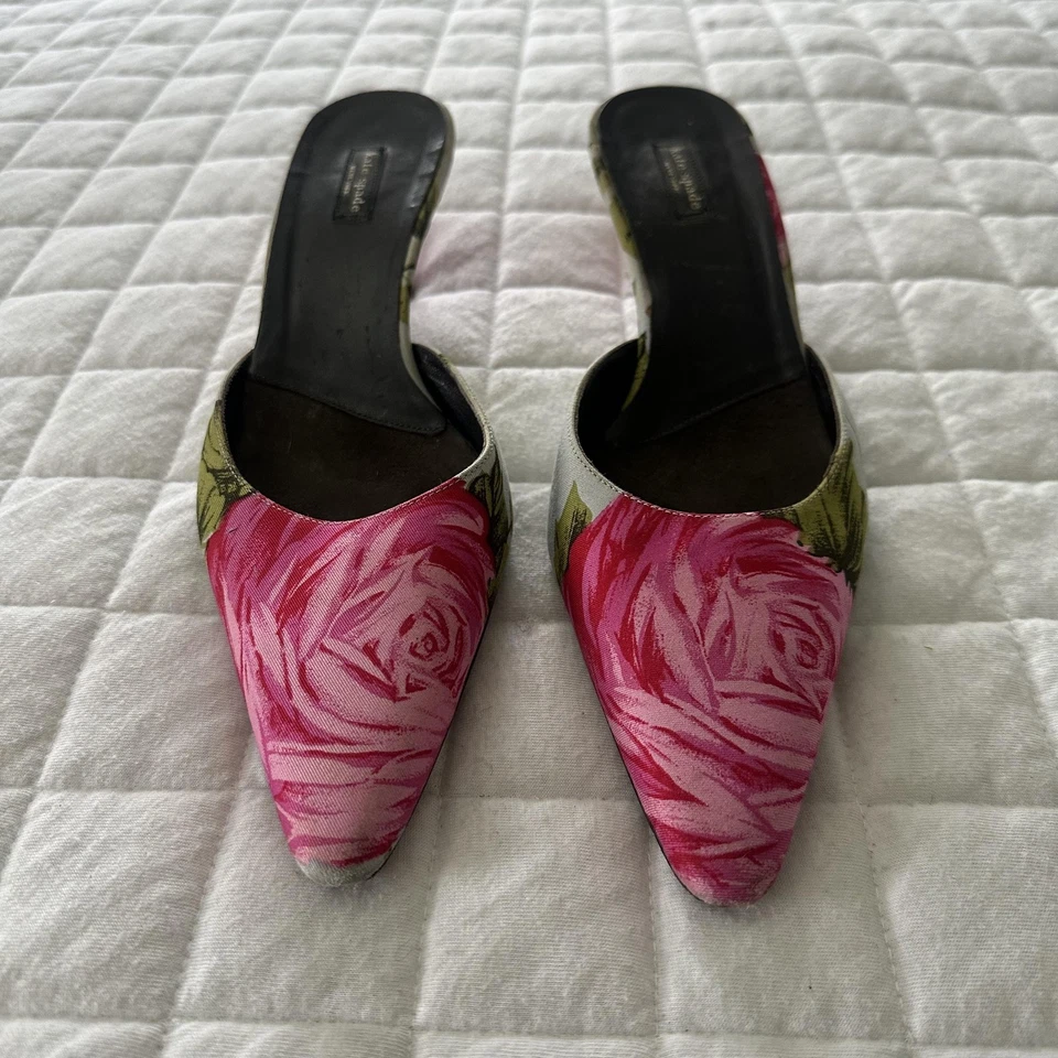 KATE SPADE Shoes Womens 8.5 Floral Kitten Heel Mules Classic Preppy Party Italy - Image 4 of 4