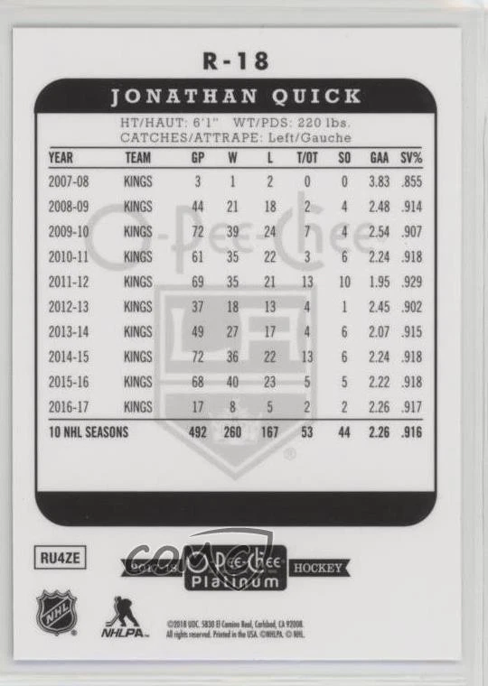 2017-18 O-Pee-Chee Platinum Retro Jonathan Quick #R-18 - Image 2 of 2