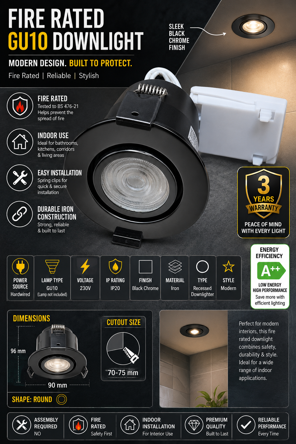 Fire Rated LED Recessed Downlight Spotlight Black chrome  Ceiling GU10 Tilt