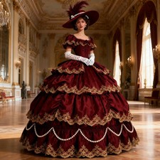Victorian Princess Dress Dark Red Strapless Lace Corset Laced Pleated Appliqu d