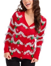 Tipsy Elves XL Red Christmas Balls Bells Tinsel Garland Ugly Sweater Cardigan