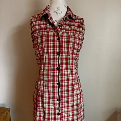 Y2K Red Plaid Sleeveless Button Front Maxi Dress M/L Collared Grunge Country