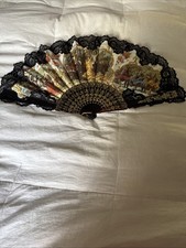Vintage Spanish Folding Courting HAND FAN Fabric and Lace 14 Long