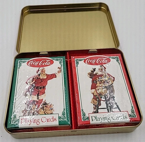 Coca Cola Nostalgia Christmas Santa Playing Cards In Tin Can Vtg NIB