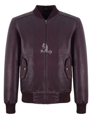 Herren Burgunderrot Kiesel Narben Leder Bomberjacke Klassisch Flieger Stil Jacke