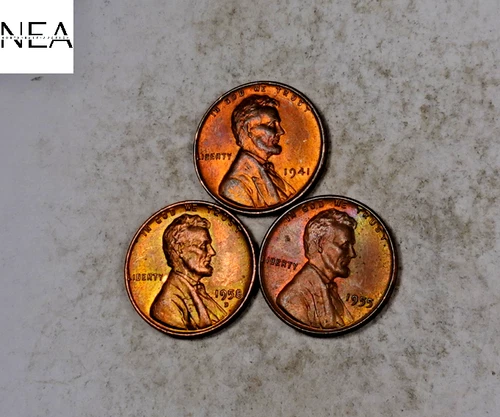 1941+1955+1958-D Lincoln Wheat Penny Cent Lot/Set ~ Gem BU Rainbow Toned ~ ZWL16