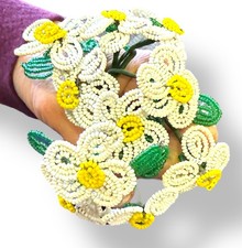 VTG 6 Beaded Flowers Stems Handmade White Yellow 5  Bouquet Daisy Leaves