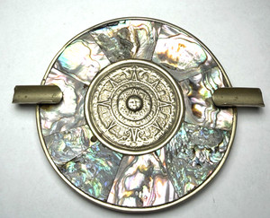 VINTAGE MEXICO ALPACA LHC AZTEC CALENDAR ASHTRAY ABALONE SHELL INLAY