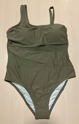 Cupshe One Piece, Olive One Shoulder Mesh Details, Size OX, Tummy Control, Chic