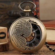 Mens Pocket Watch Mechanical Eagle Case Hollow Hands Chain Hand-winding Luxury